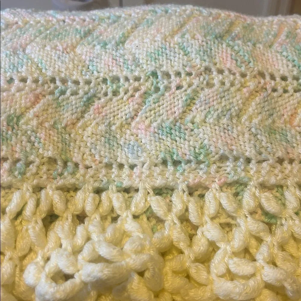 Handmade Crochet Baby Infant Blanket Pink, Blue with Cream Background and Border
